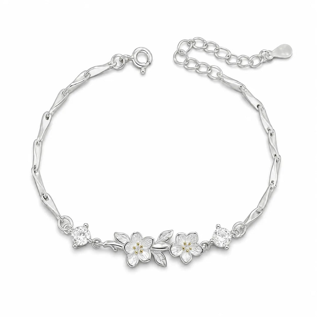 Jasmine Flower Bracelet in 925 Sterling Silver with a Branch Centerpiece and Two Cubic Zirconia Stones