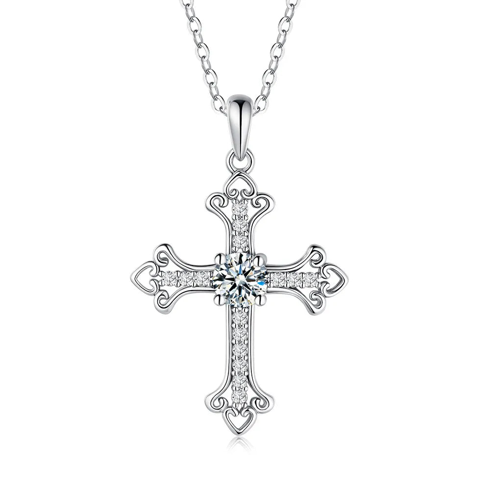 Moissanite Cross Necklace Trefoil Ends 0.5 Carat Center Stone 925 Sterling Silver