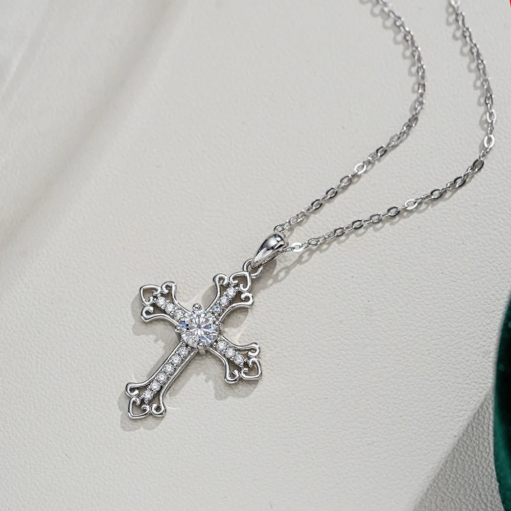 Moissanite Cross Necklace Trefoil Ends 0.5 Carat Center Stone 925 Sterling Silver