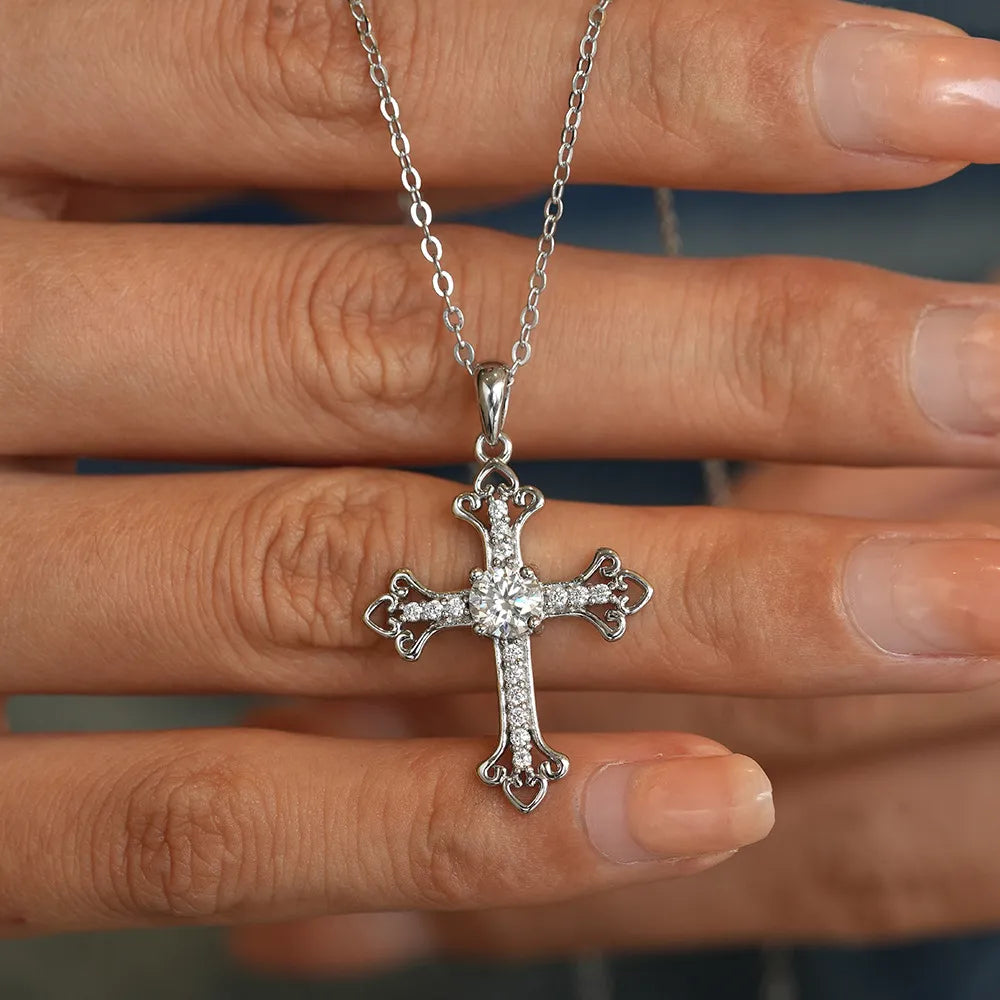 Moissanite Cross Necklace Trefoil Ends 0.5 Carat Center Stone 925 Sterling Silver