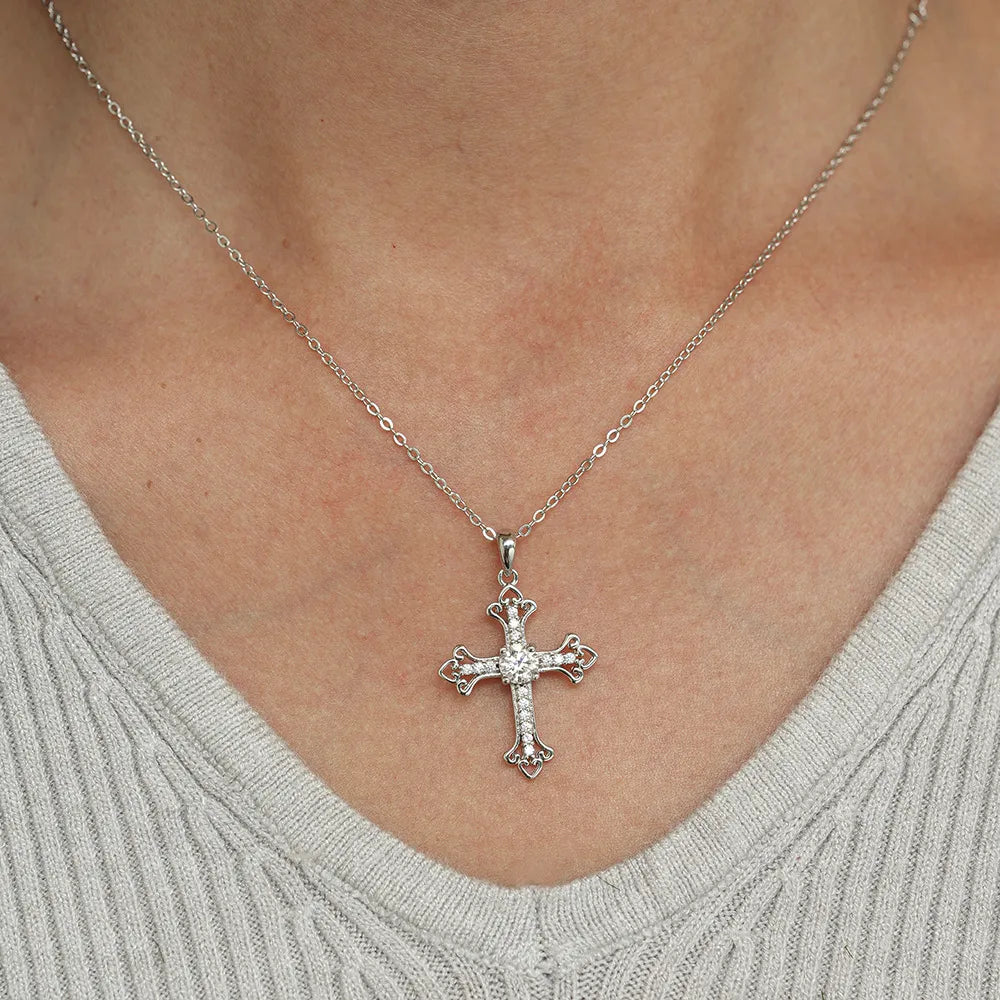 Moissanite Cross Necklace Trefoil Ends 0.5 Carat Center Stone 925 Sterling Silver