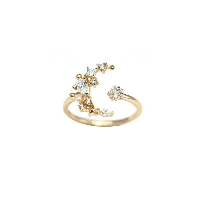 Moon and Star Ring 925 Sterling Silver Open Ring