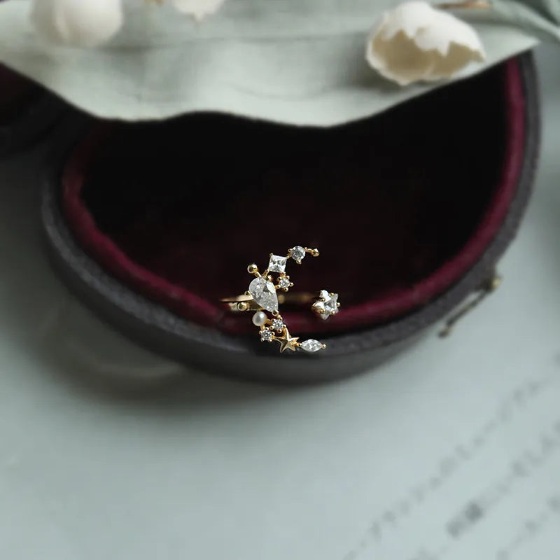 Moon and Star Ring 925 Sterling Silver Open Ring