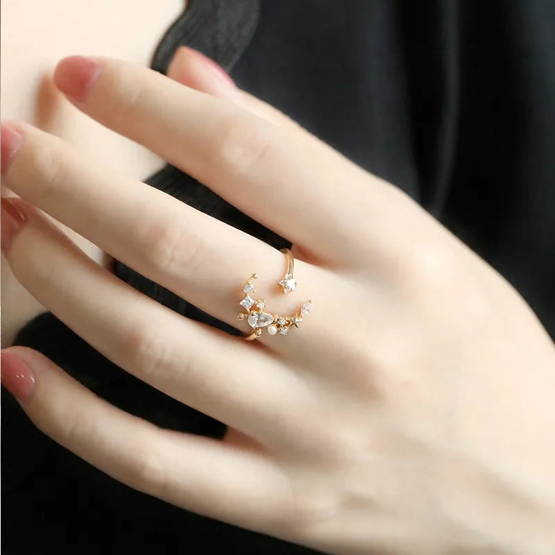 Moon and Star Ring 925 Sterling Silver Open Ring