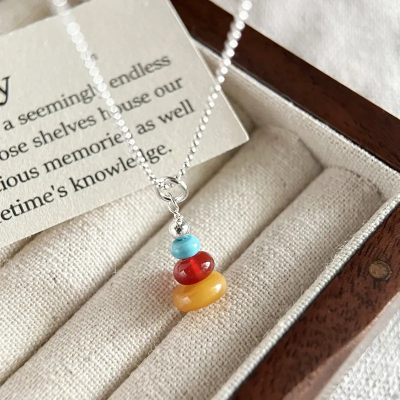 Multicolor Gemstone Necklace 925 Sterling Silver Candy Stack Pendant