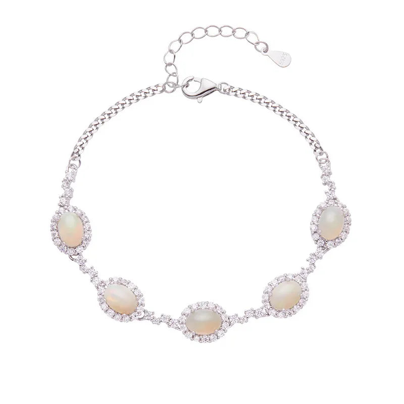 Opal Birthstone Bracelet in 925 Sterling Silver with Five Oval Opal Halo Links