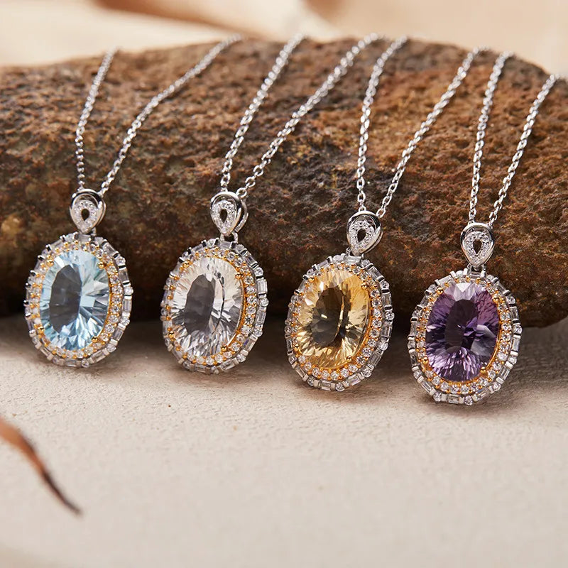 Gemstone Pendant Necklace with an Oval Ballerina Halo Inspired by Art Deco in 925 Sterling Silver