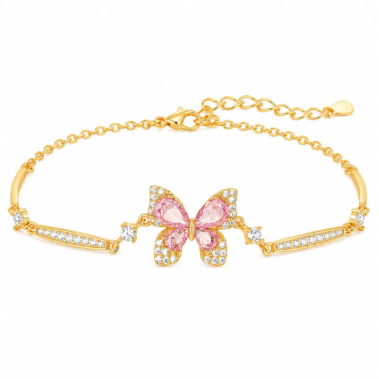 Pink Butterfly Bracelet in 925 Sterling Silver with Layered Cubic Zirconia Wings and Curved Side Accents