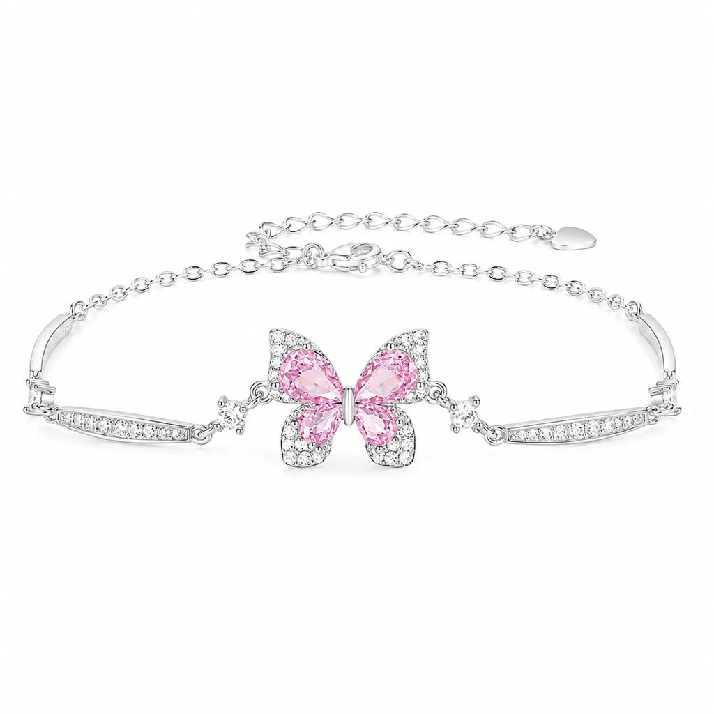 Pink Butterfly Bracelet in 925 Sterling Silver with Layered Cubic Zirconia Wings and Curved Side Accents