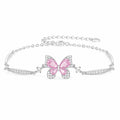 Pink Butterfly Bracelet in 925 Sterling Silver with Layered Cubic Zirconia Wings and Curved Side Accents