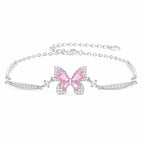 Pink Butterfly Bracelet in 925 Sterling Silver with Layered Cubic Zirconia Wings and Curved Side Accents