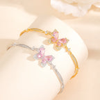 Pink Butterfly Bracelet in 925 Sterling Silver with Layered Cubic Zirconia Wings and Curved Side Accents