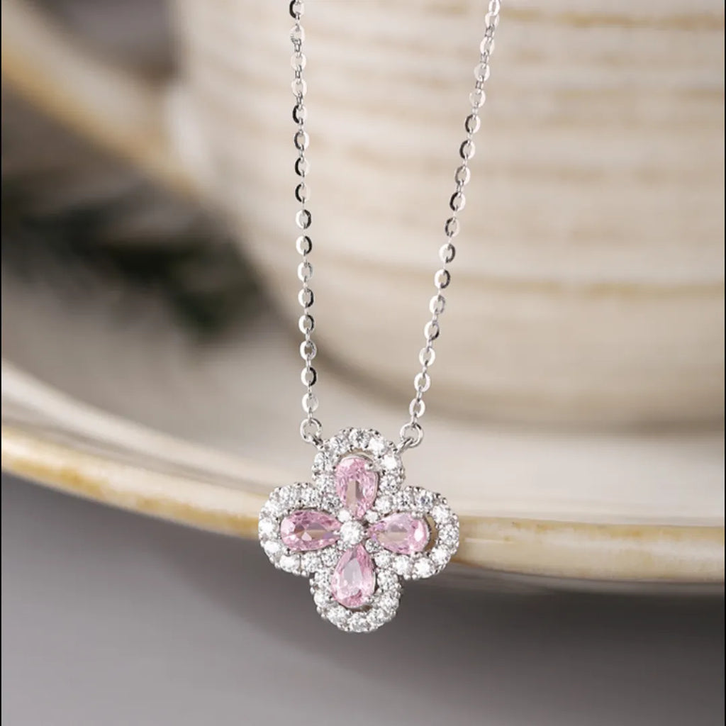 Clover Choker Necklace 925 Sterling Silver Four Pear-Shaped Cubic Zirconia Stones