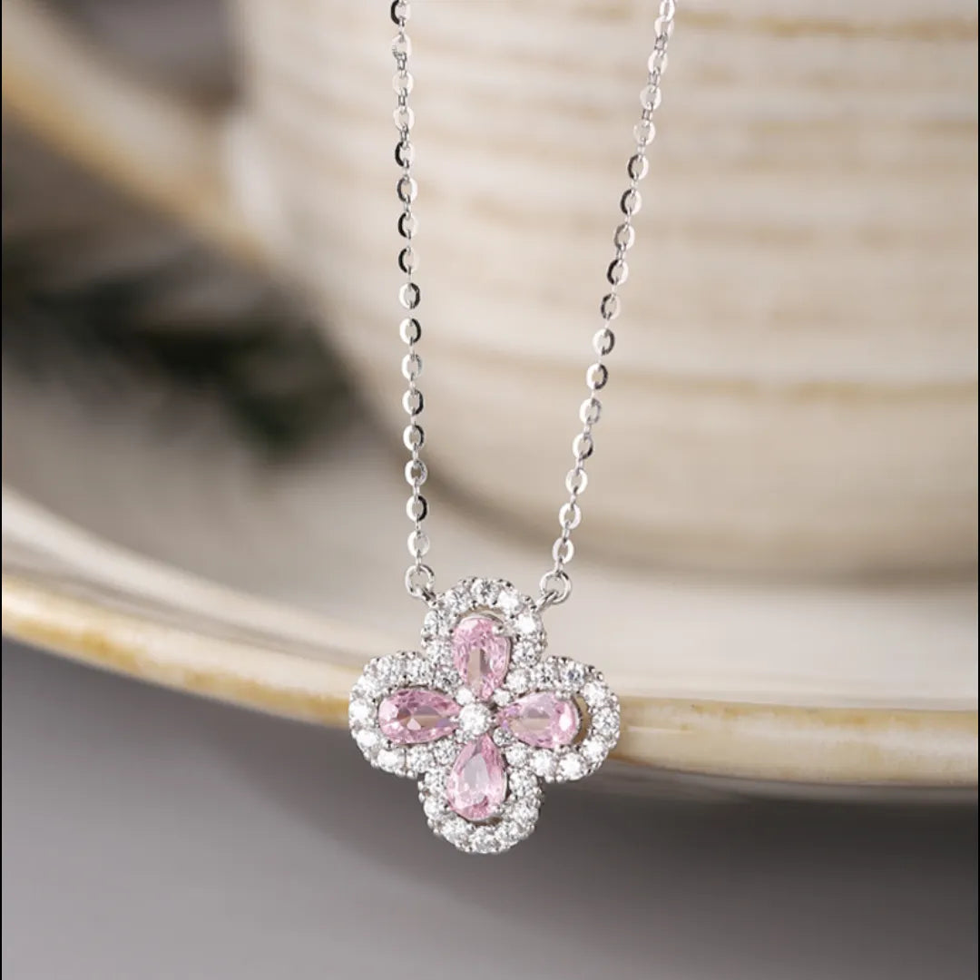 Clover Choker Necklace 925 Sterling Silver Four Pear-Shaped Cubic Zirconia Stones