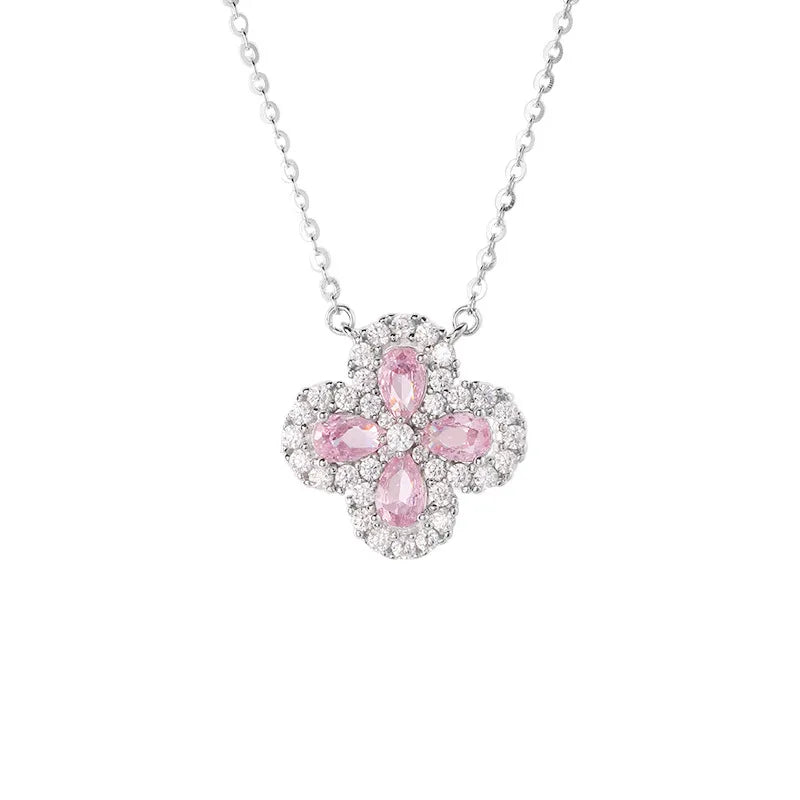 Clover Choker Necklace 925 Sterling Silver Four Pear-Shaped Cubic Zirconia Stones