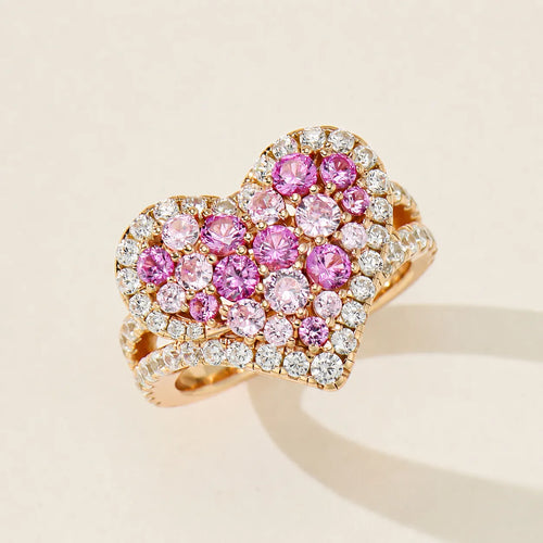 925 Sterling Silver Heart Ring Rose Gold Plated Pink Purple Cubic Zirconia Pave
