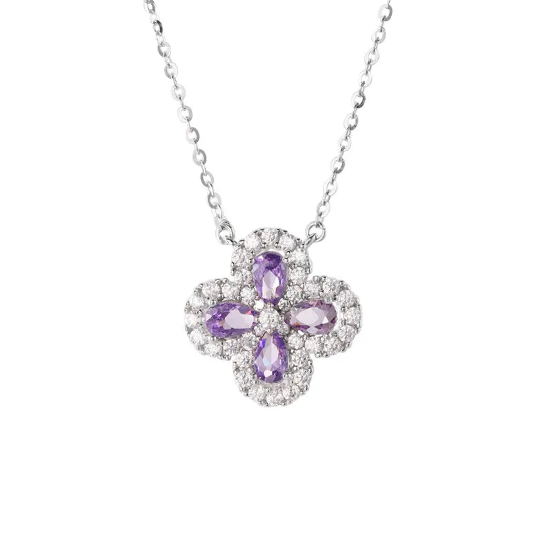 Clover Choker Necklace 925 Sterling Silver Four Pear-Shaped Cubic Zirconia Stones