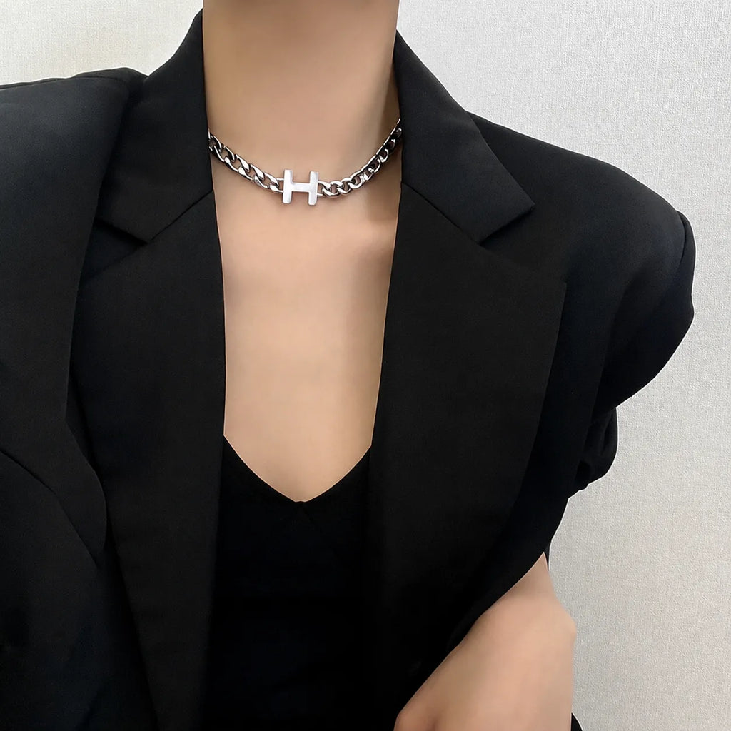 H Necklace 925 Sterling Silver Chunky Chain Choker