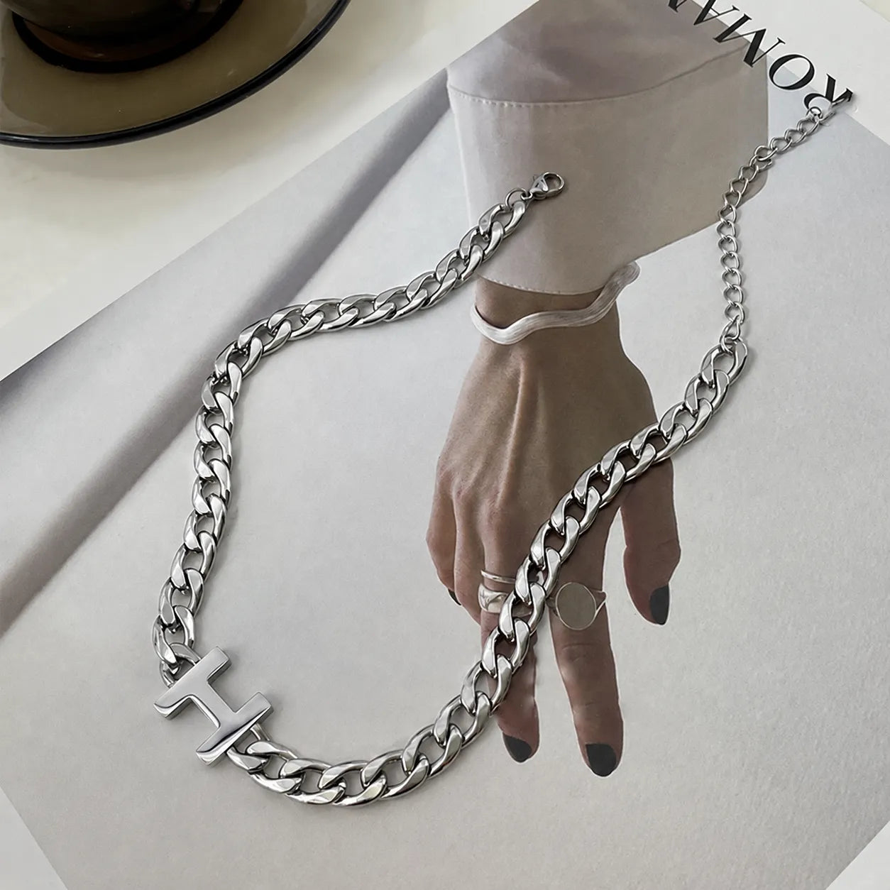 H Necklace 925 Sterling Silver Chunky Chain Choker