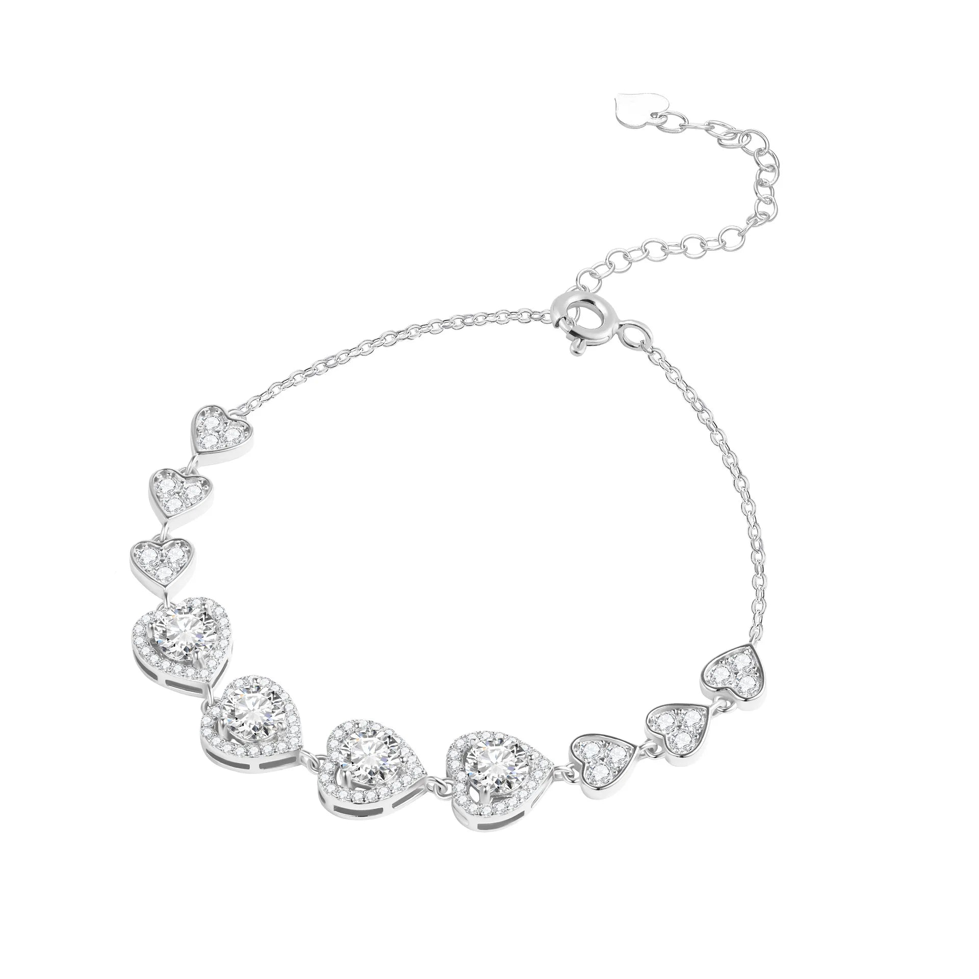 Silver heart link bracelet on white, with four larger center hearts and three smaller hearts on each side