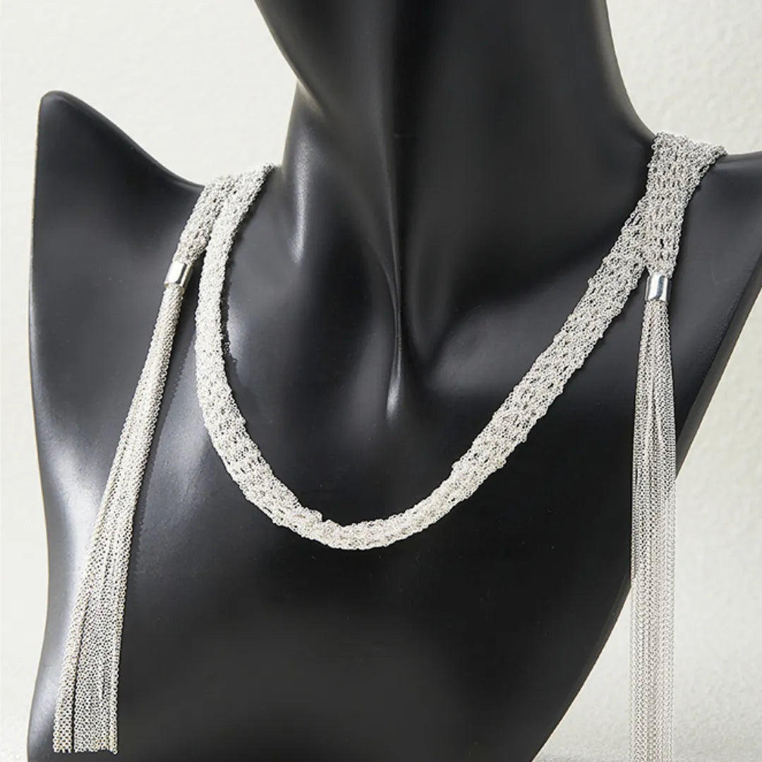 Long Tassel Necklace in 925 Sterling Silver Multi Strand Chain with Italian Inspiration