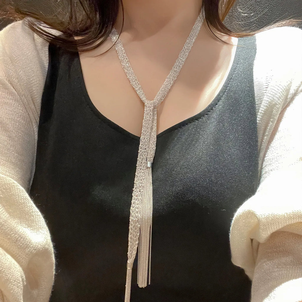 Long Tassel Necklace in 925 Sterling Silver Multi Strand Chain with Italian Inspiration