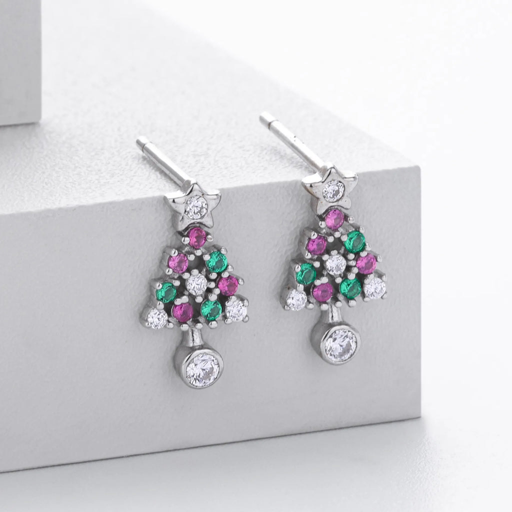 Christmas Tree Earrings 925 Sterling Silver Openwork With Pink and Green Ornament Accents