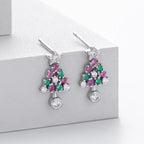 Christmas Tree Earrings 925 Sterling Silver Openwork With Pink and Green Ornament Accents