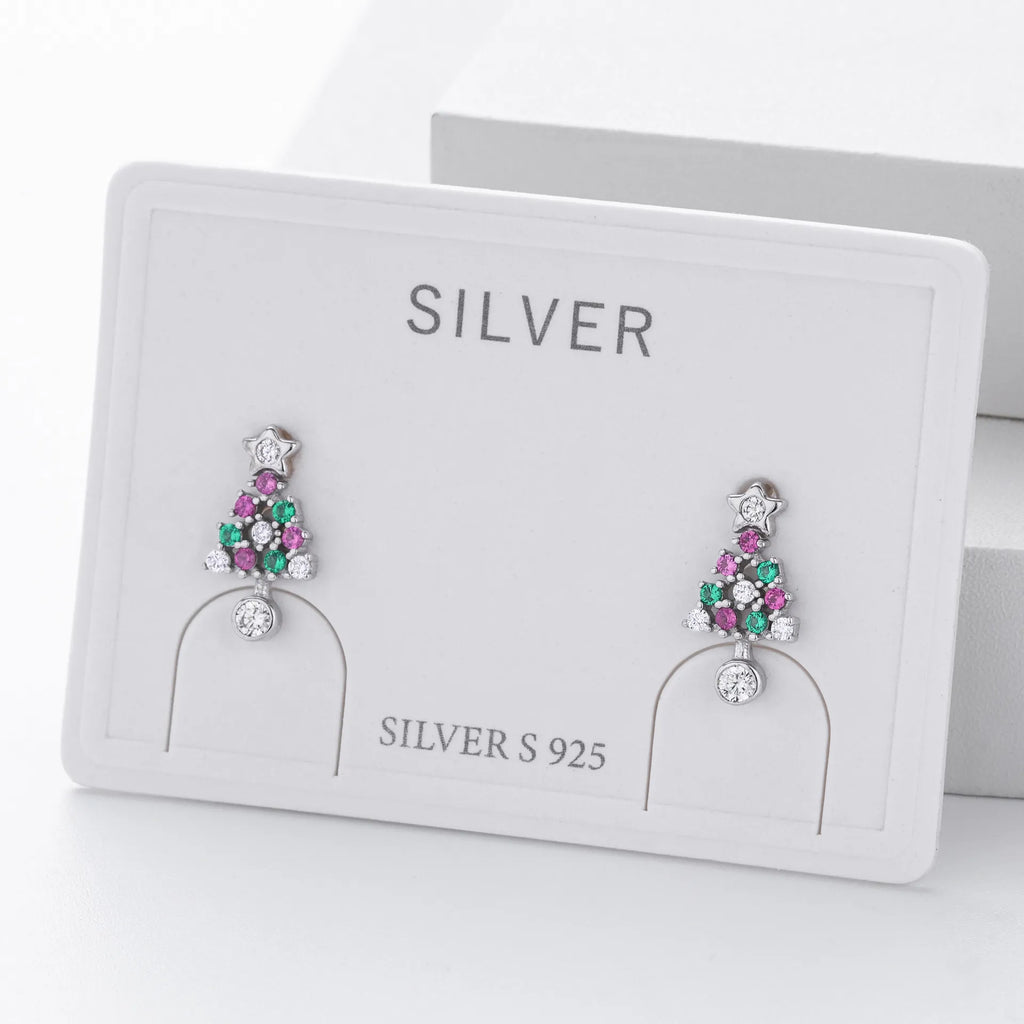 Christmas Tree Earrings 925 Sterling Silver Openwork With Pink and Green Ornament Accents
