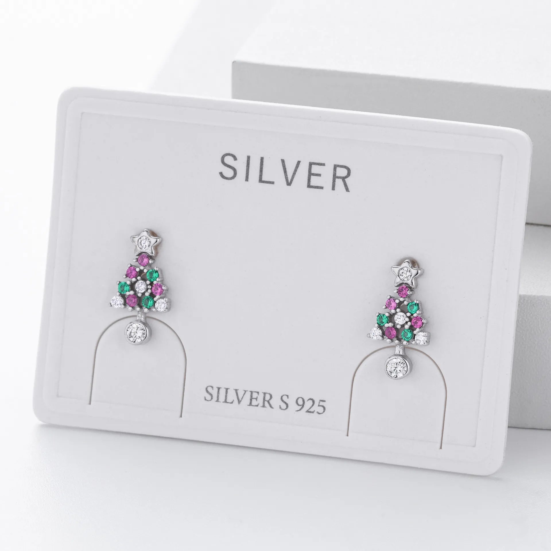 Christmas Tree Earrings 925 Sterling Silver Openwork With Pink and Green Ornament Accents