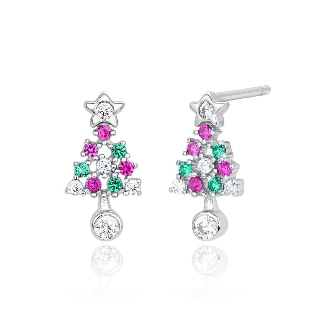 Christmas Tree Earrings 925 Sterling Silver Openwork With Pink and Green Ornament Accents