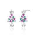 Christmas Tree Earrings 925 Sterling Silver Openwork With Pink and Green Ornament Accents