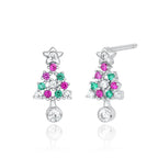 Christmas Tree Earrings 925 Sterling Silver Openwork With Pink and Green Ornament Accents