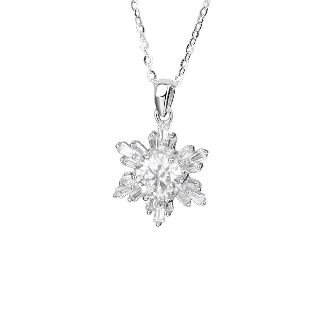 Snowflake Necklace in 925 Sterling Silver with Round Moissanite Center and Starburst Cluster