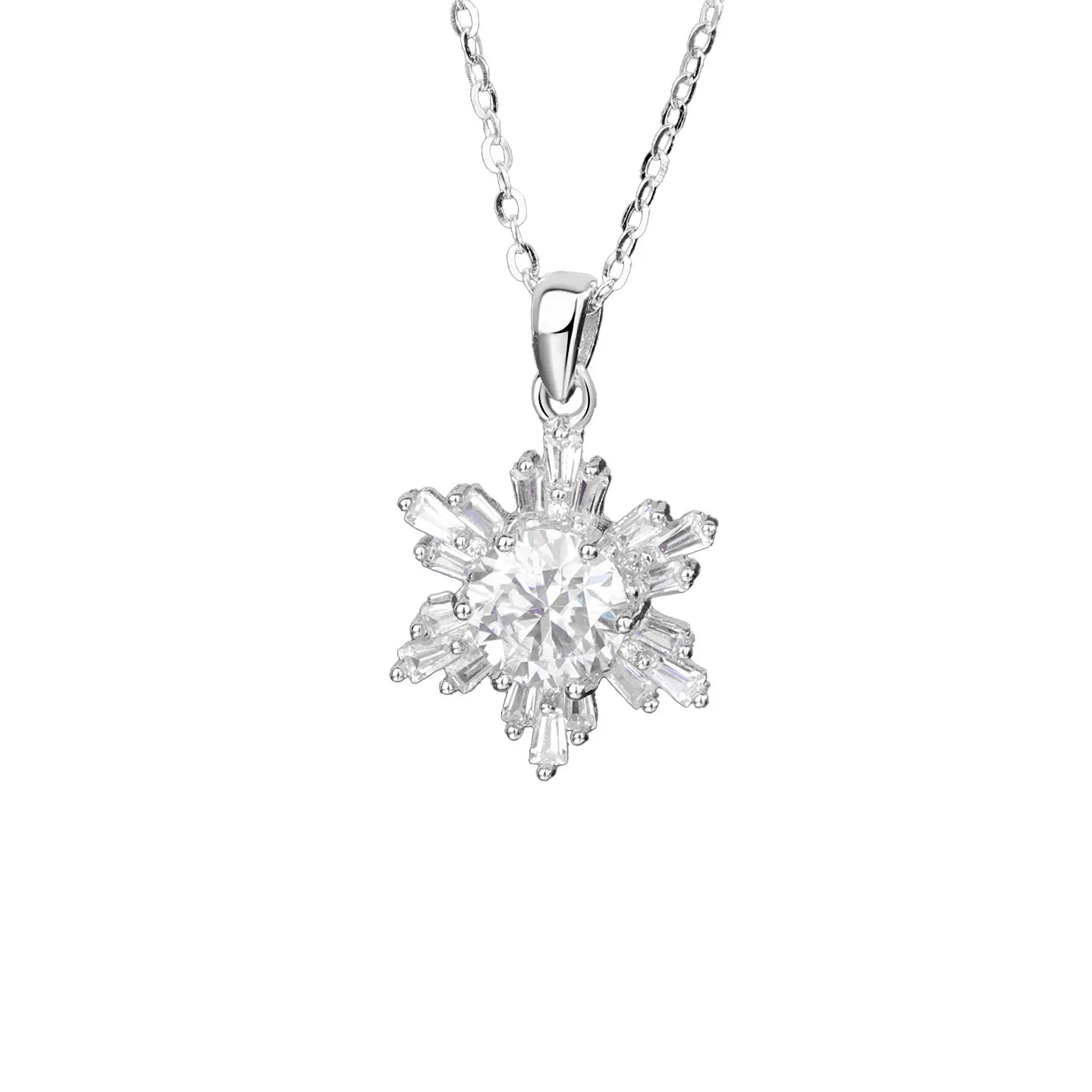Snowflake Necklace in 925 Sterling Silver with Round Moissanite Center and Starburst Cluster