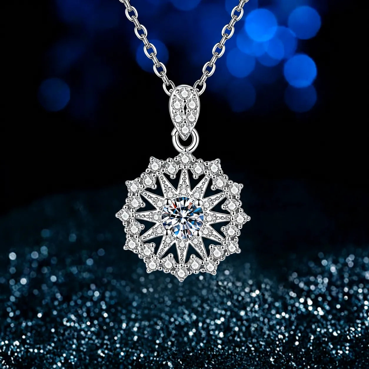Snowflake Necklace with Openwork Star Wheel and Moissanite Center in 925 Sterling Silver