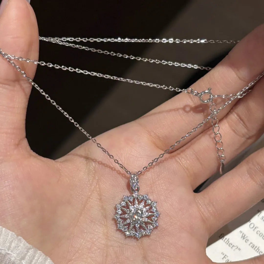 Snowflake Necklace with Openwork Star Wheel and Moissanite Center in 925 Sterling Silver