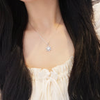 Snowflake Necklace in 925 Sterling Silver with Round Moissanite Center and Starburst Cluster