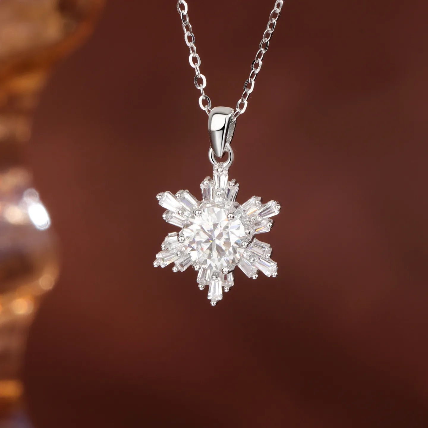 Snowflake Necklace in 925 Sterling Silver with Round Moissanite Center and Starburst Cluster