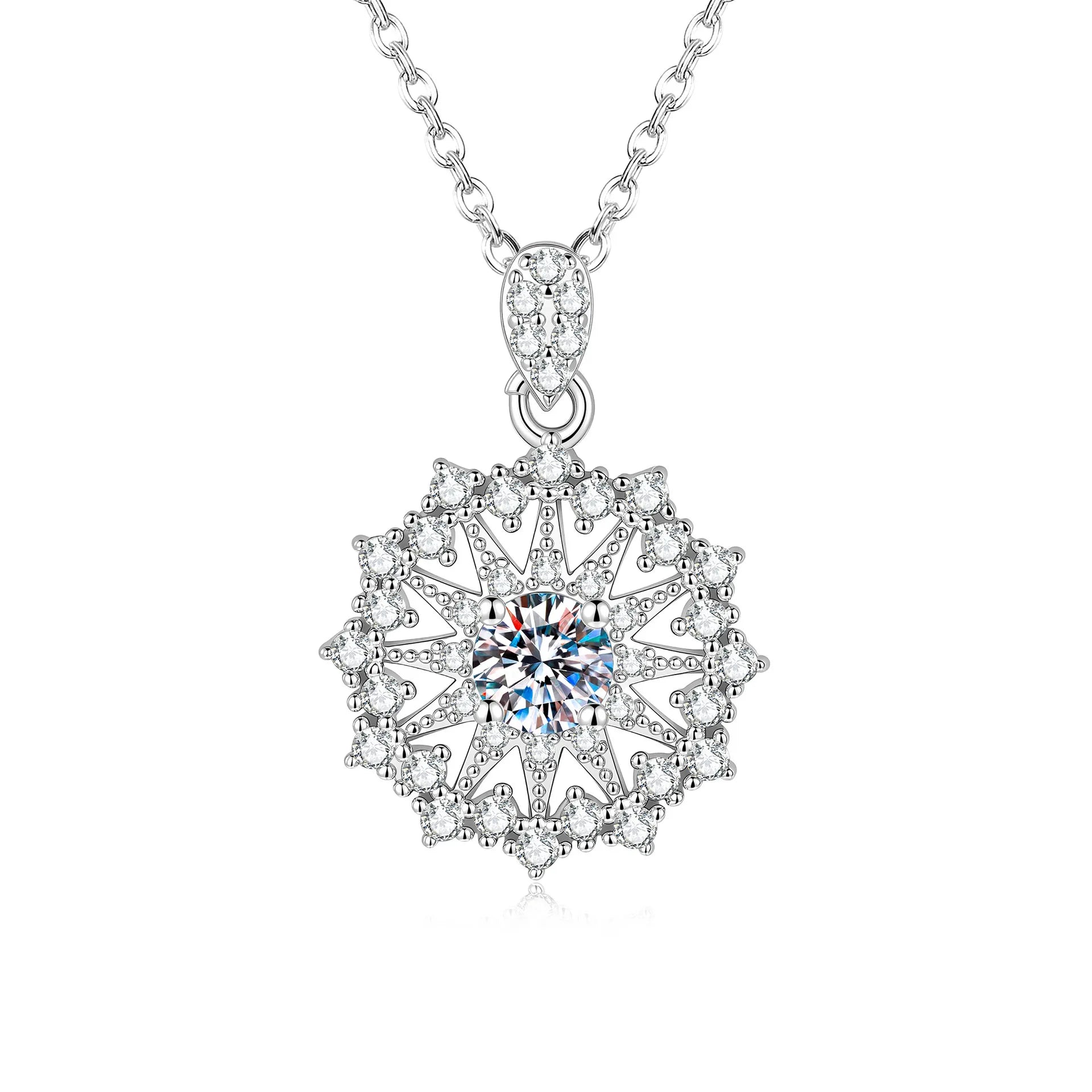 Snowflake Necklace with Openwork Star Wheel and Moissanite Center in 925 Sterling Silver