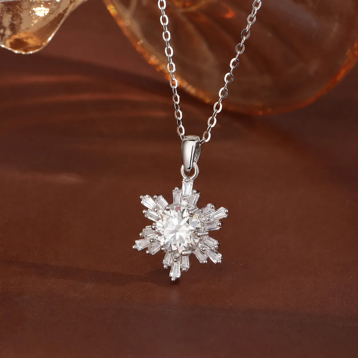 Snowflake Necklace in 925 Sterling Silver with Round Moissanite Center and Starburst Cluster