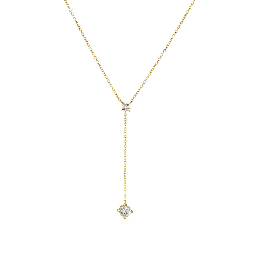 Silver lariat necklace with two graduated round Cubic Zirconia stones on a white background Main image