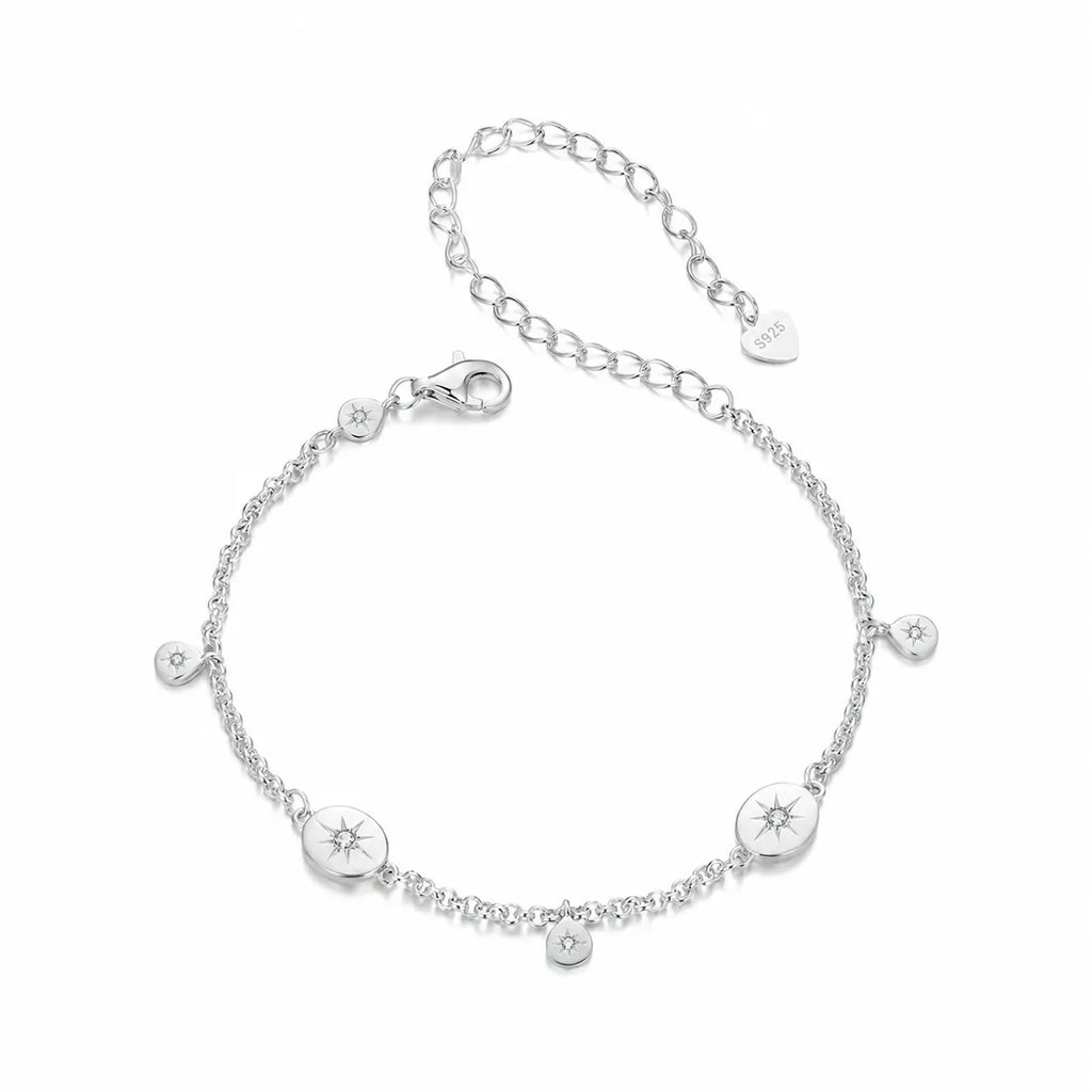 Full view of a 925 sterling silver sun bracelet with a lobster clasp and extender chain