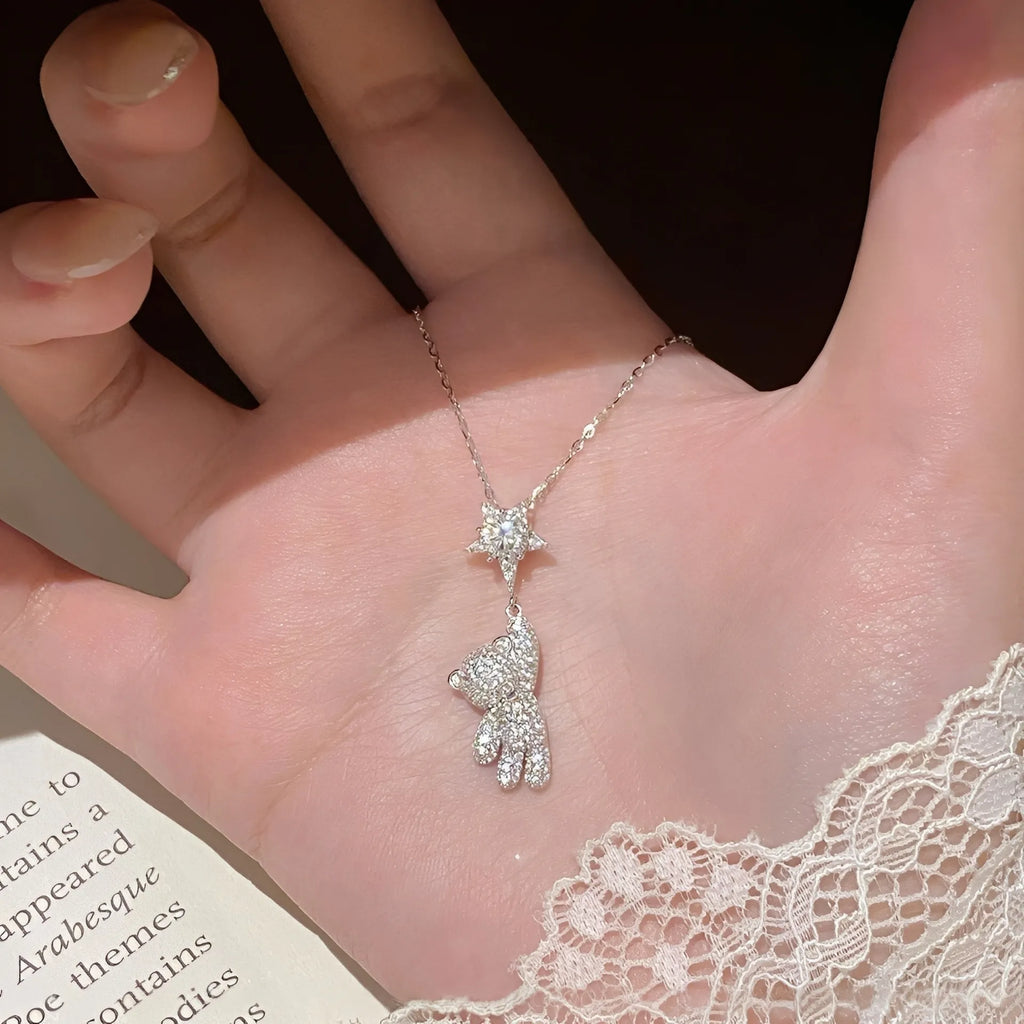 Teddy Bear Necklace in 925 Sterling Silver with Bow Detail and Cubic Zirconia Star