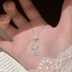 Teddy Bear Necklace in 925 Sterling Silver with Bow Detail and Cubic Zirconia Star