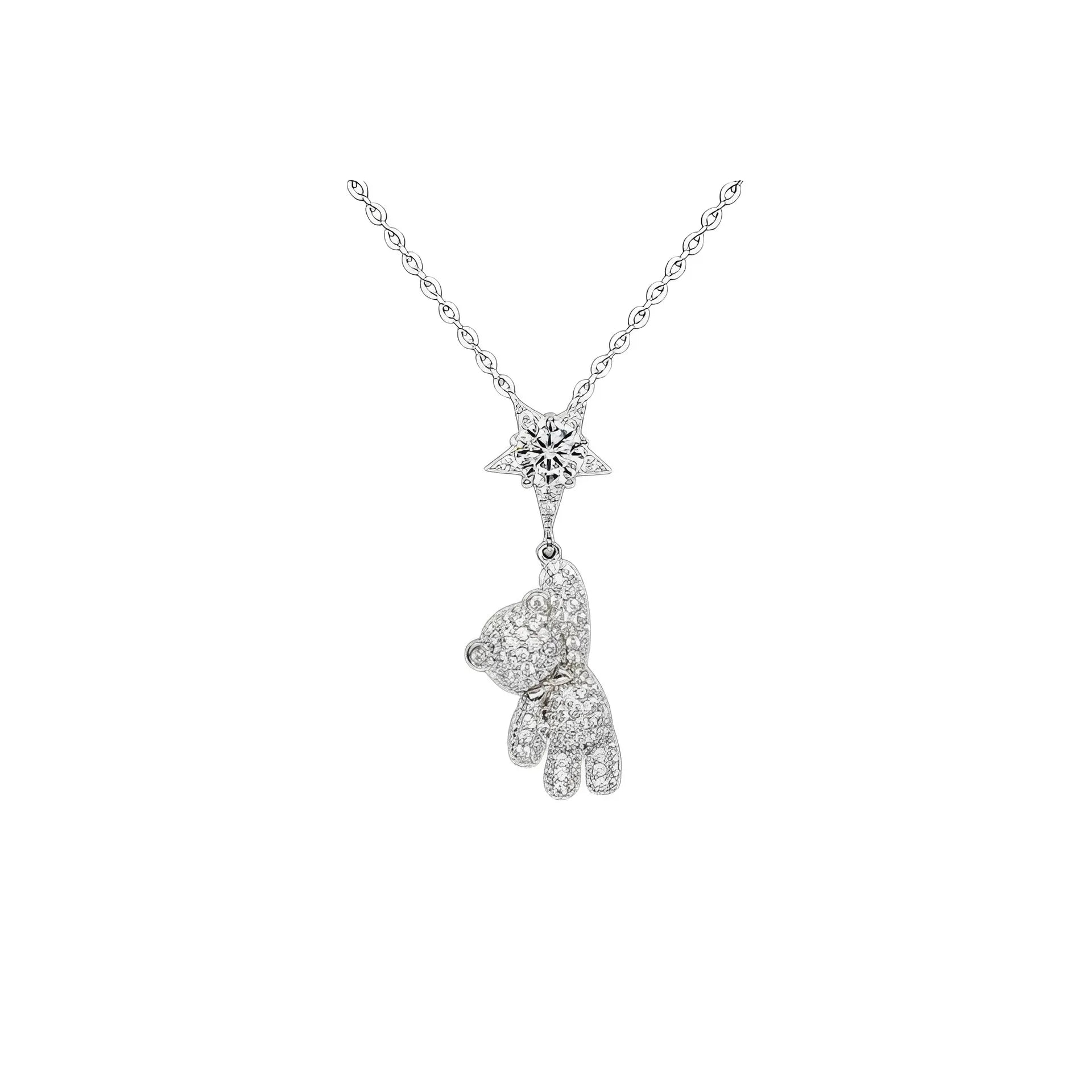 Teddy Bear Necklace in 925 Sterling Silver with Bow Detail and Cubic Zirconia Star