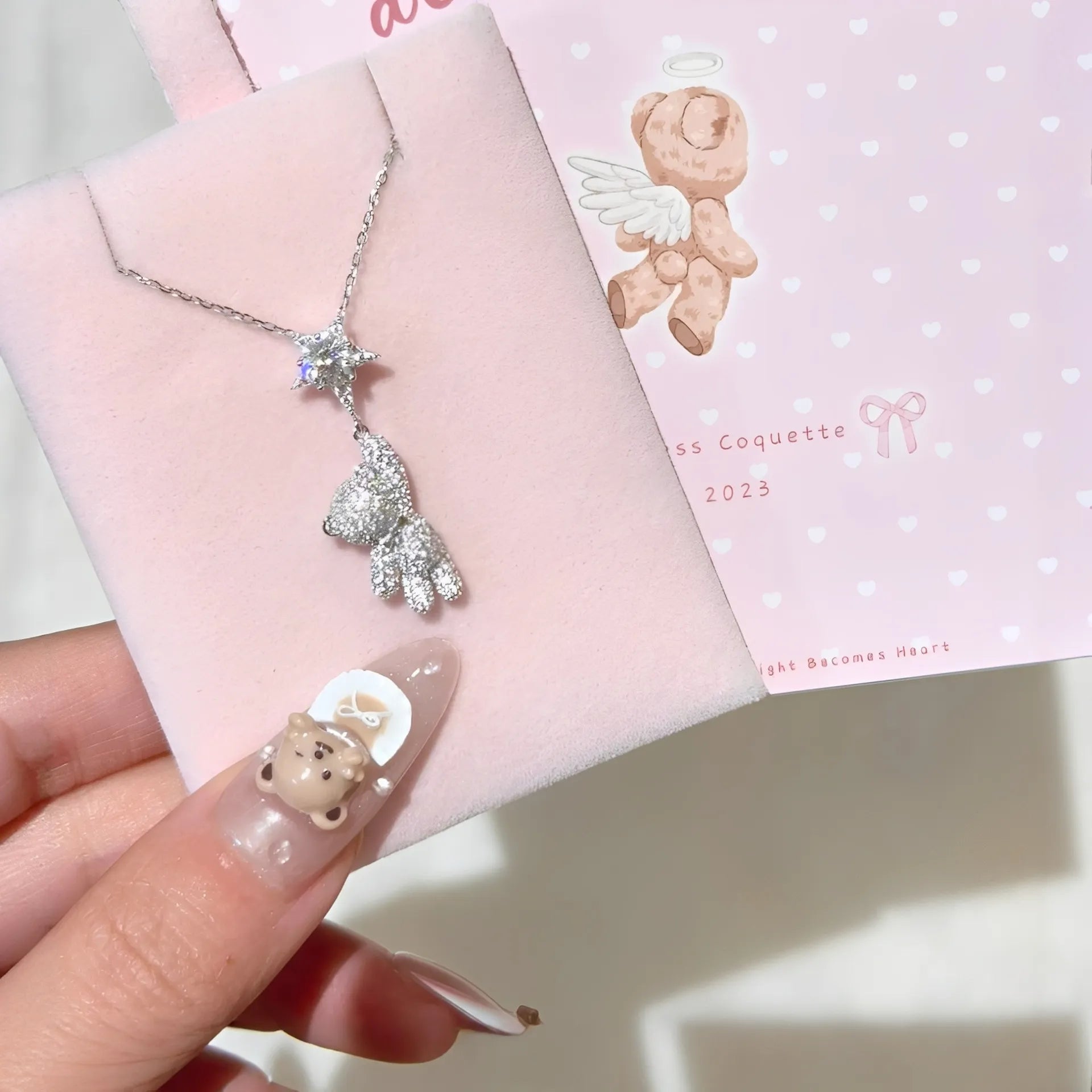Teddy Bear Necklace in 925 Sterling Silver with Bow Detail and Cubic Zirconia Star