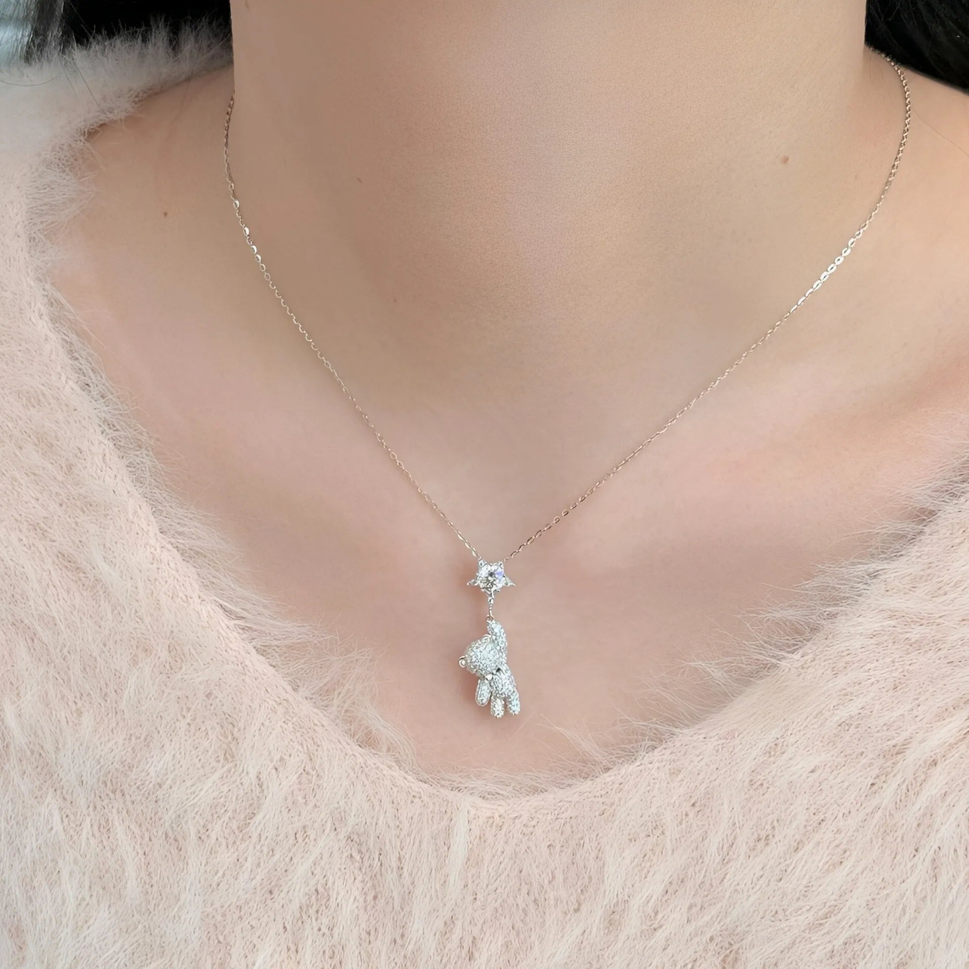 Teddy Bear Necklace in 925 Sterling Silver with Bow Detail and Cubic Zirconia Star