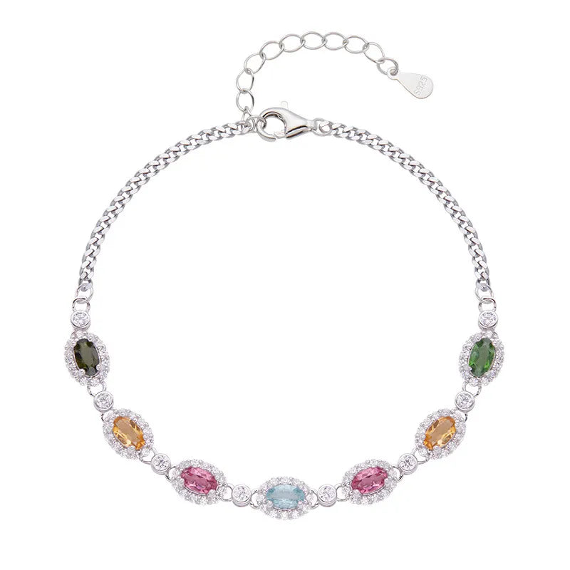 Tourmaline Bracelet in 925 Sterling Silver with Seven Multicolored Oval Gemstones