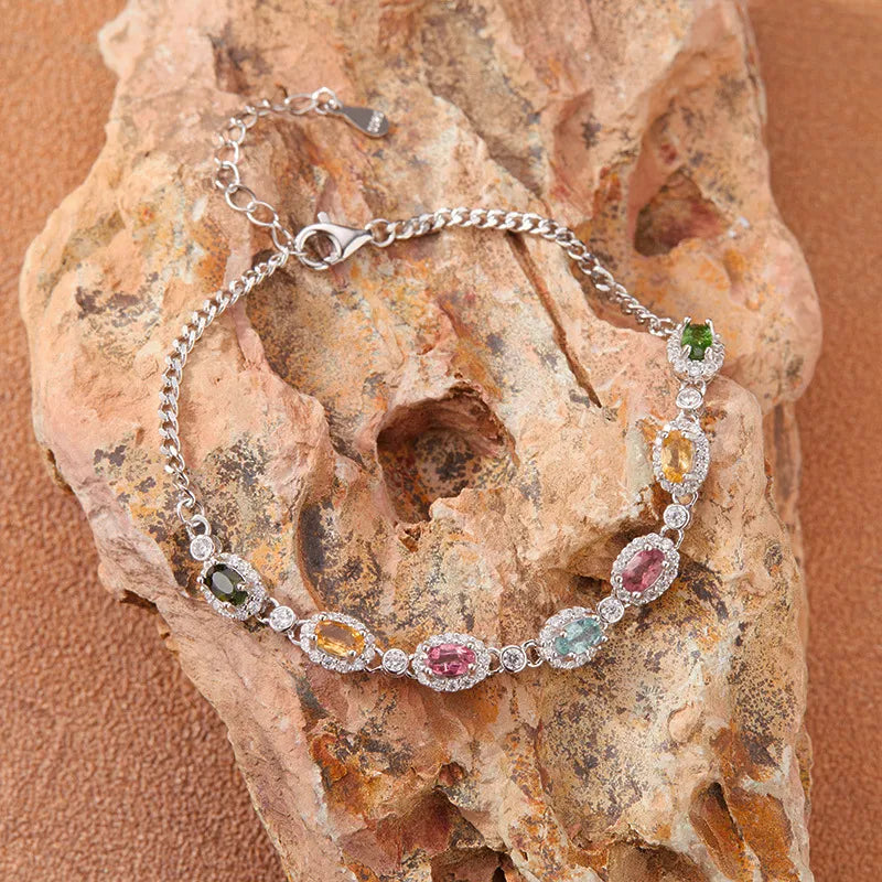 Tourmaline Bracelet in 925 Sterling Silver with Seven Multicolored Oval Gemstones